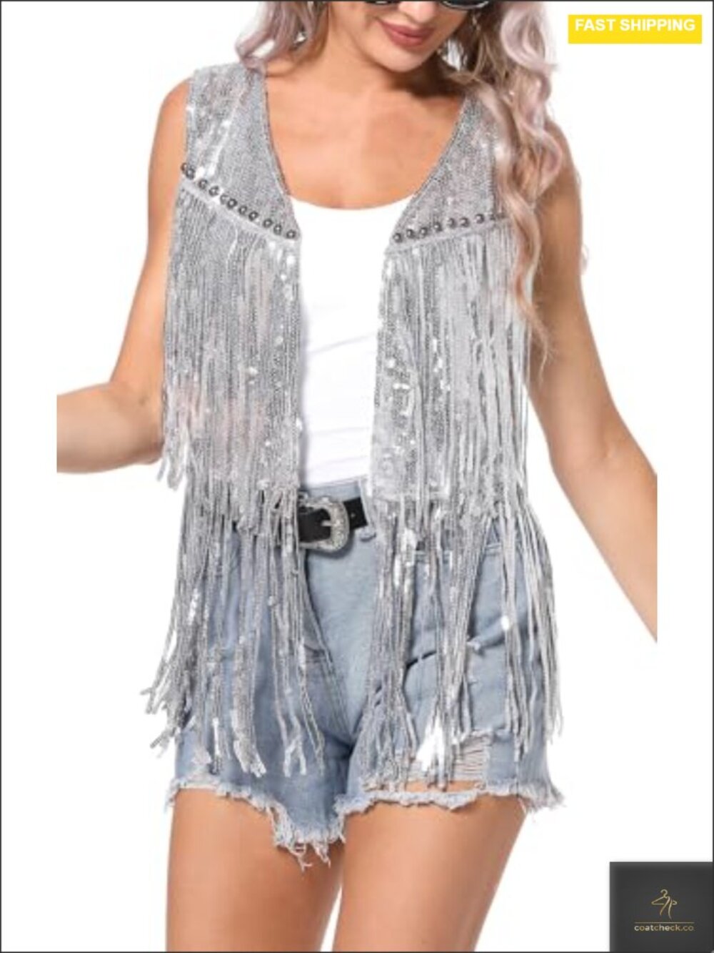 Sequin Fringe Vest Sparkly Tassel Open Front Sleeveless Jacket Women